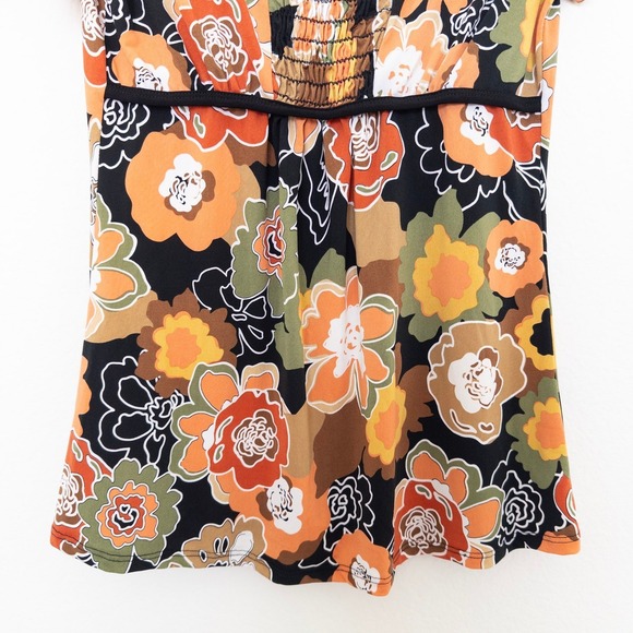 VTG Y2K Womens Babydoll Top Size M Petite Black Orange Floral Retro Indie Boho - Picture 3 of 7